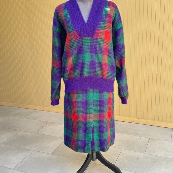 70s Missoni Skirt Set Knit Sweater Tartan Mohair Wool Matching Vintage Designer - Picture 4 of 7